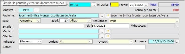 Ingreso de nota en la orden del paciente