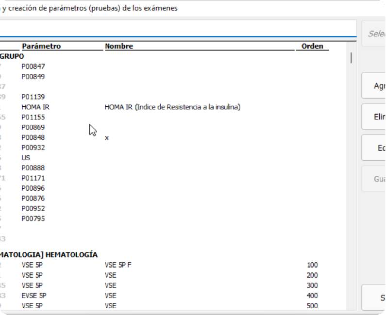 Definición y creación de parámetros (pruebas) de los exámenes