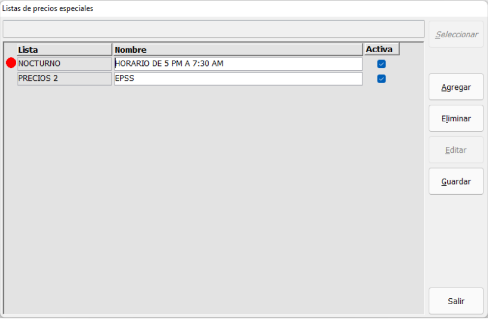 Lista de precios especiales